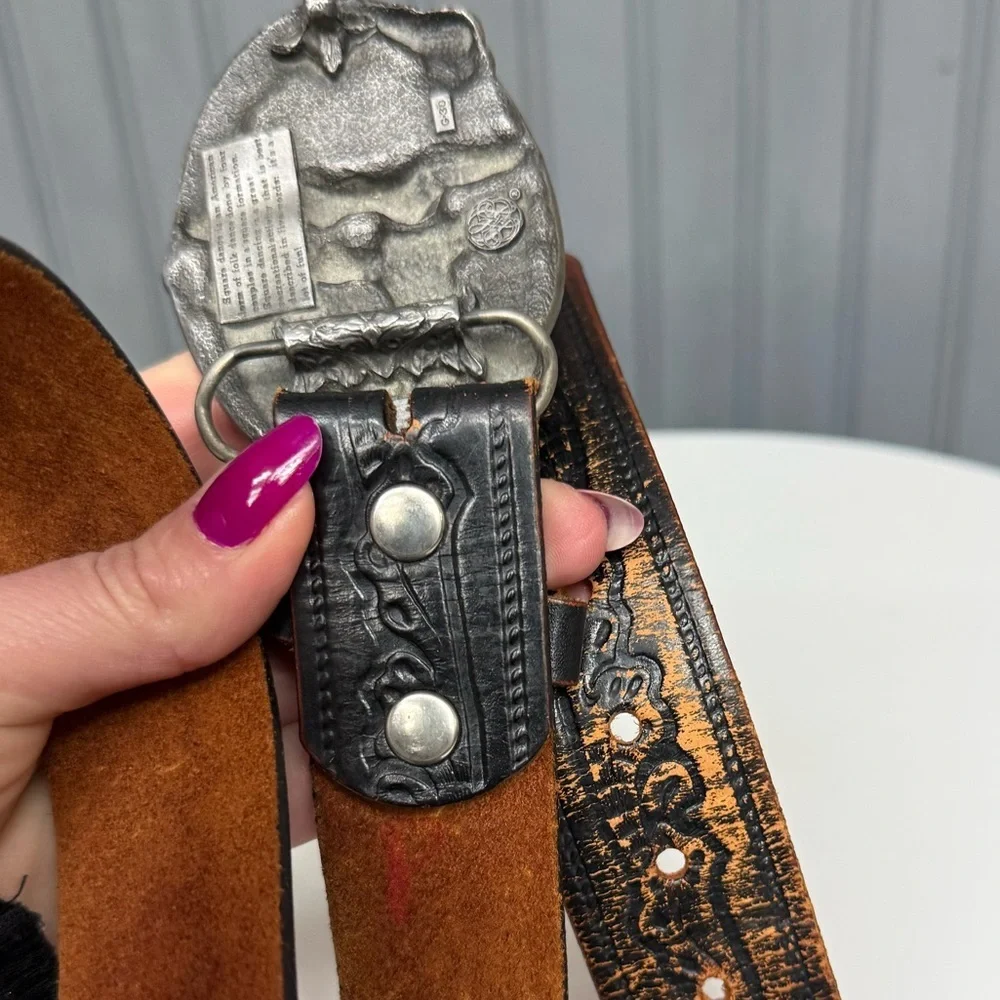 Vintage Siskiyou Black Distressed Leather Belt with Pewter Square Dancing Buckle